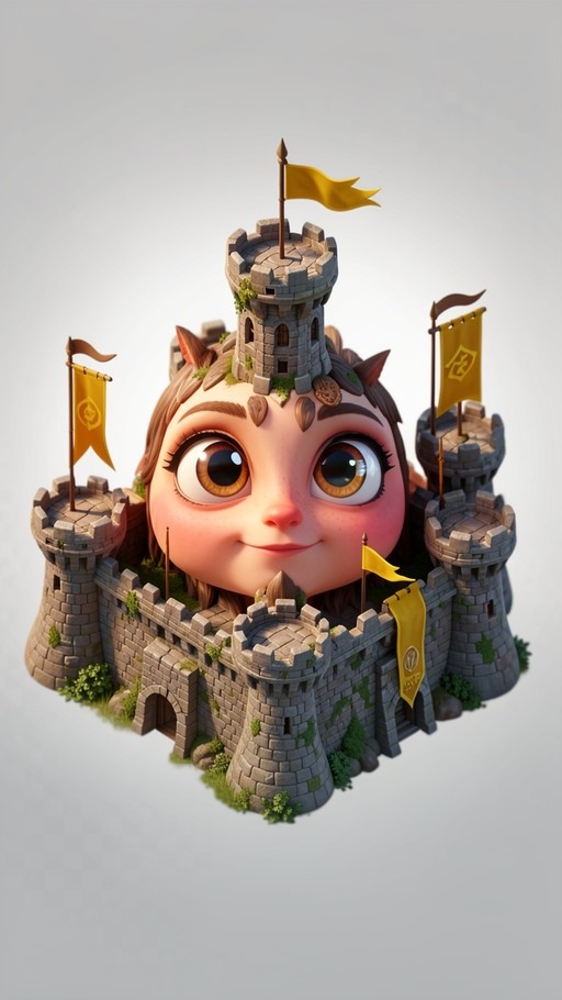 A cute chibi-style girl with brown hair and small horns peeking out from a grey stone castle adorned with yellow flags.