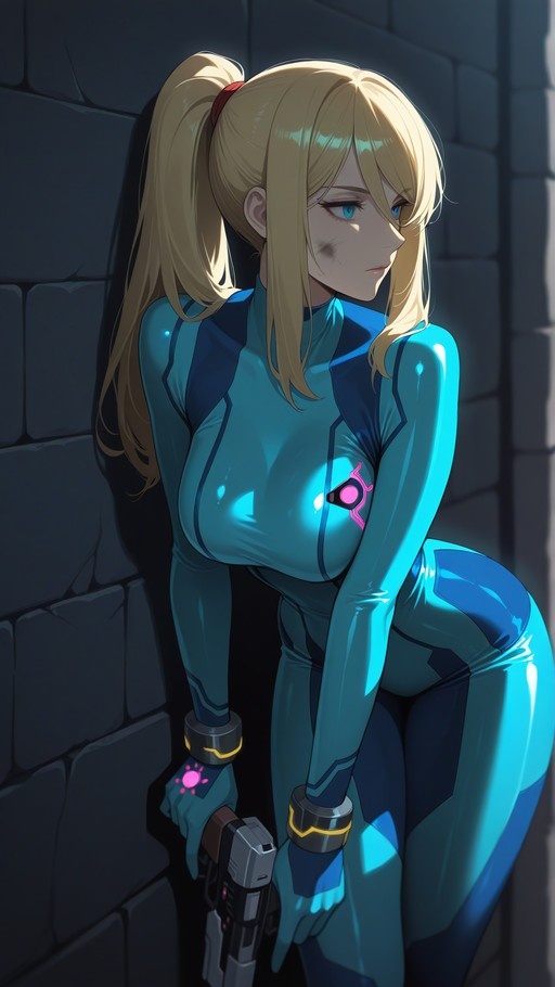 Samus Aran in a shiny blue zero suit leaning against a dark brick wall while holding a pistol and looking to the side.
