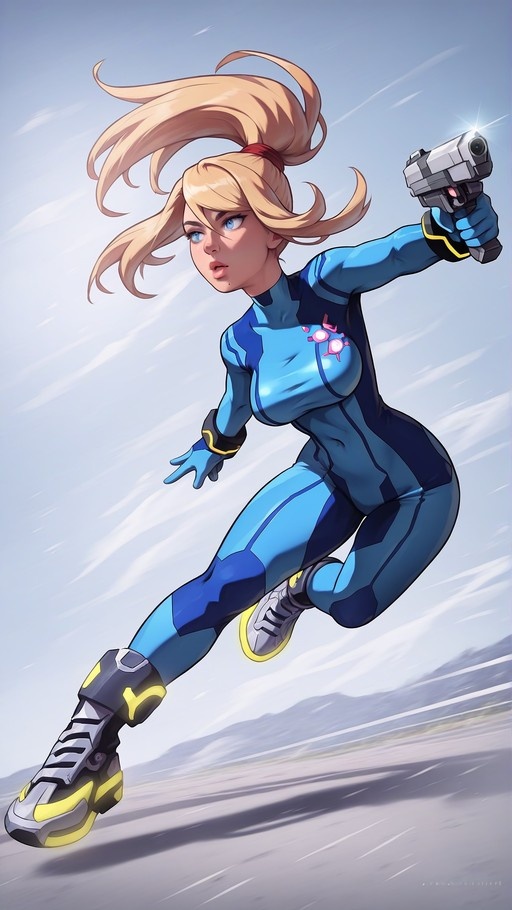 Samus Aran in her blue zero suit running forward while holding a handgun.