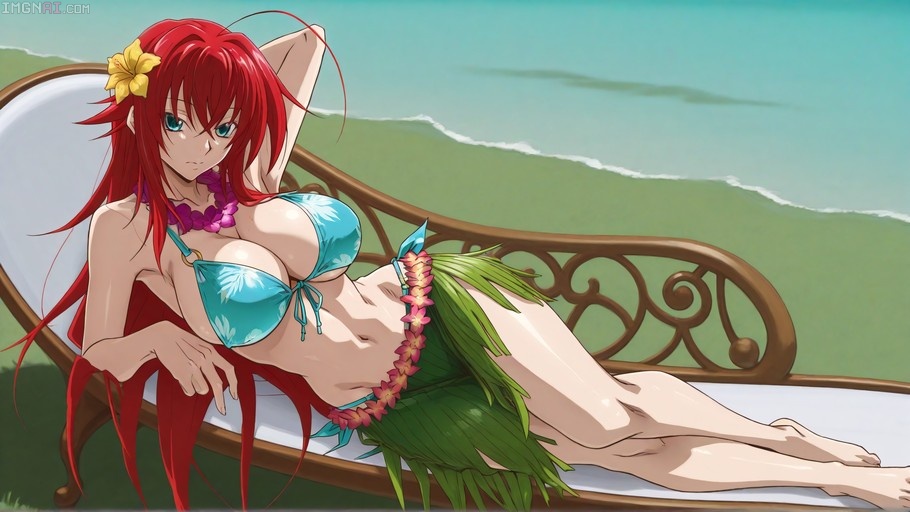 Rias Gremory from High School DxD reclining on a chaise lounge by the sea, wearing a blue floral bikini, green grass skirt, and lei necklace.