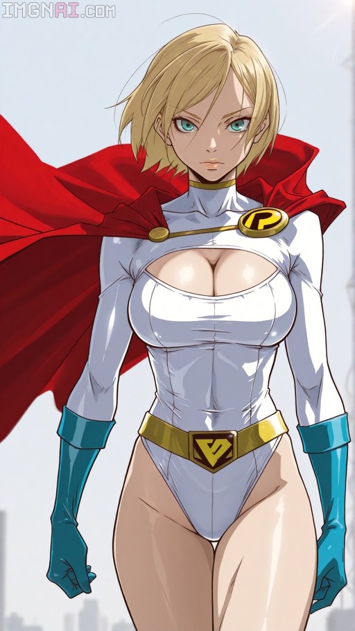 A digital illustration of the DC superhero Powergirl with short blonde hair and teal eyes, wearing a white leotard with a chest cutout, blue gloves, and a red cape.
