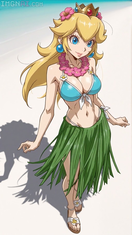Princess Peach wearing a blue bikini and green grass skirt on the beach.