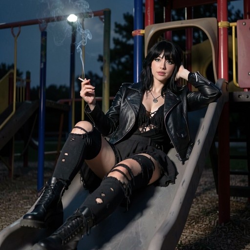 A young woman with black hair and bangs sits on a playground slide at night, wearing a black leather jacket and ripped thigh-high socks while smoking a cigarette.