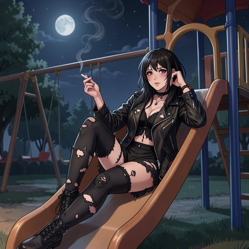 An anime-style illustration of a young woman with long black hair and purple eyes sitting on a playground slide at night, holding a lit cigarette under a full moon.