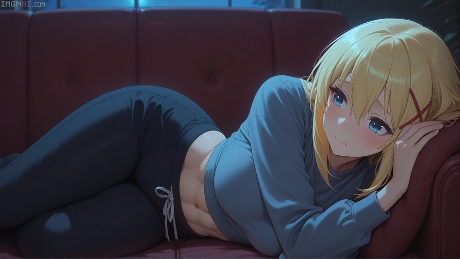 Darkness from Konosuba lying on her side on a red couch in a grey top and black pants, looking up with a blush.
