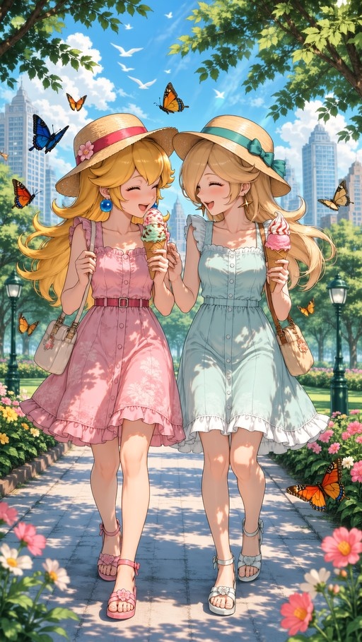 Princess Peach and Rosalina walking side by side in a park eating ice cream cones surrounded by butterflies.