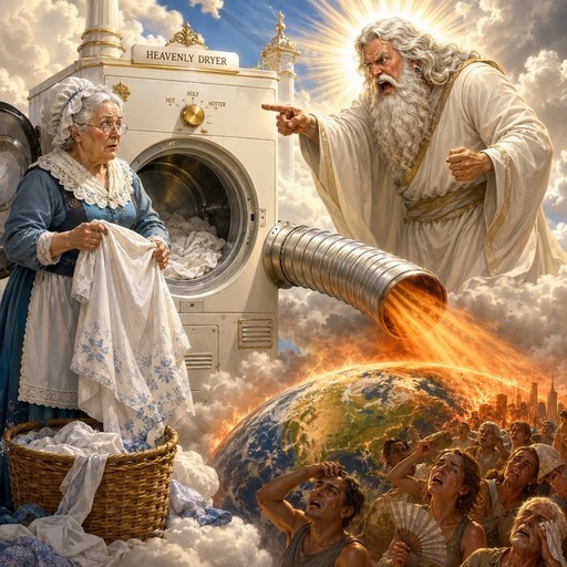 A giant white-bearded deity points at a large dryer labeled 'Heavenly Dryer' which is venting fire onto the Earth below while an elderly woman holds laundry.