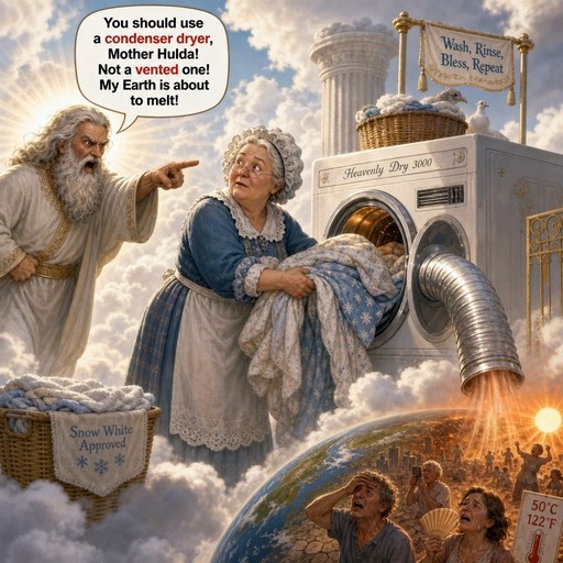 An elderly man with a white beard points at an older woman holding laundry in the clouds while shouting about her vented dryer melting the Earth below, where people are sweating near a hot sun and a machine blowing hot air.
