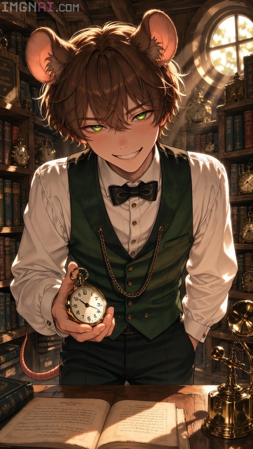 Anime-style illustration of a smiling boy with mouse ears and a tail holding a gold pocket watch in a library setting.