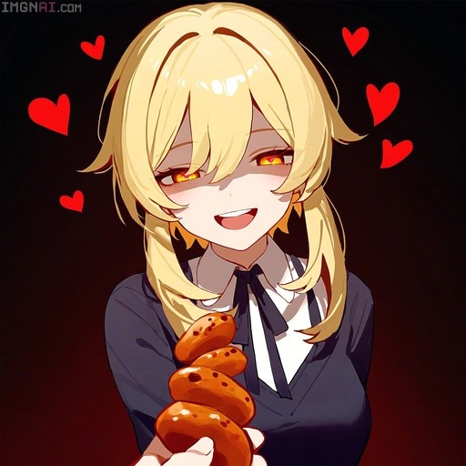 Lumine from Genshin Impact holding a stack of cookies with heart-shaped pupils against a dark background with red hearts.
