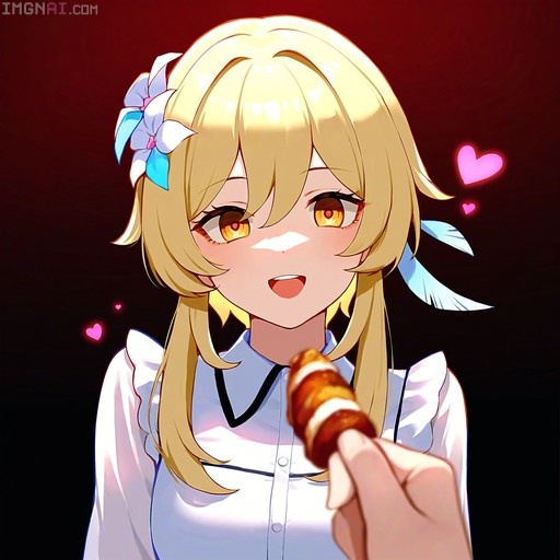 A digital illustration of Lumine from Genshin Impact with blonde hair and a flower ornament, looking excitedly at a piece of food being held up to her mouth in a first-person perspective against a red background with floating hearts.