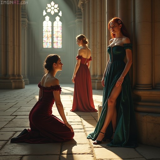 Three women wearing red and green off-the-shoulder medieval gowns pose inside a sunlit Gothic cathedral with tall columns and stained glass windows.
