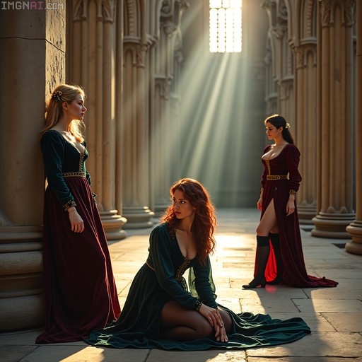 Three women in medieval velvet gowns posing inside a sunlit Gothic cathedral with stone pillars.