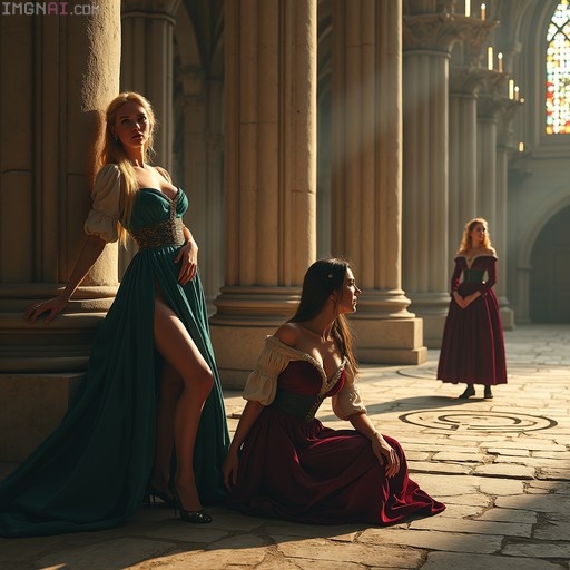 Three women in period gowns pose inside a sunlit cathedral with stone pillars and a floor labyrinth.