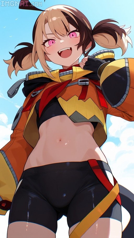 Anime girl with two-toned pigtails and pink eyes wearing an orange jacket and black shorts.