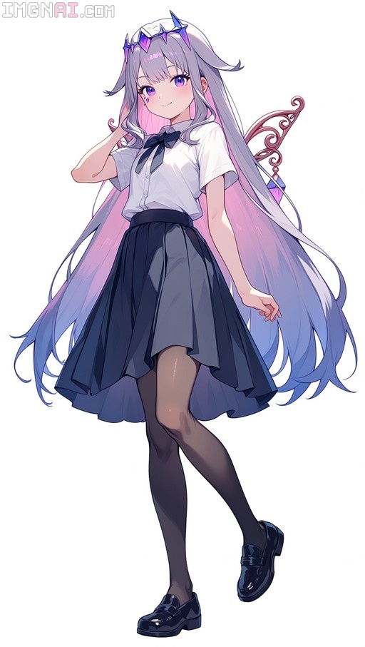 Koseki Bijou stands in a school uniform with a pleated skirt and loafers, featuring long gradient hair and fairy wings.