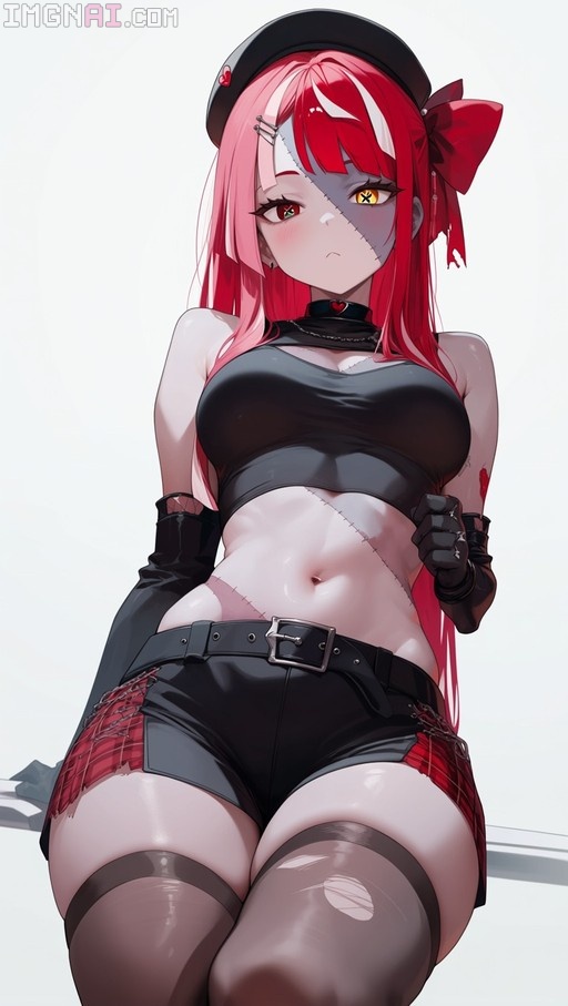 Anime-style portrait of Kureiji Ollie with pink hair and a stitched face wearing a black beret and crop top.