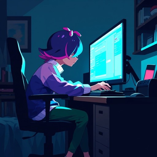 An anime girl with blue and pink hair sits in an office chair at a desk, typing on a keyboard in front of a glowing computer monitor.