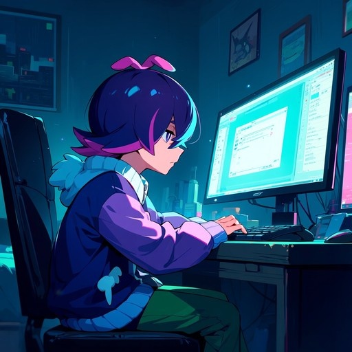 An anime-style girl with short purple hair and a pink bow sits at a desk typing on a keyboard in front of a glowing monitor in a dimly lit room.