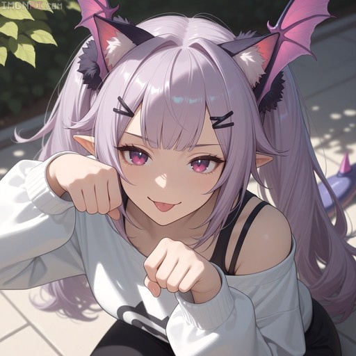 Anime-style girl with lavender twintails and cat ears sticking her tongue out while wearing an off-the-shoulder white sweater outdoors.