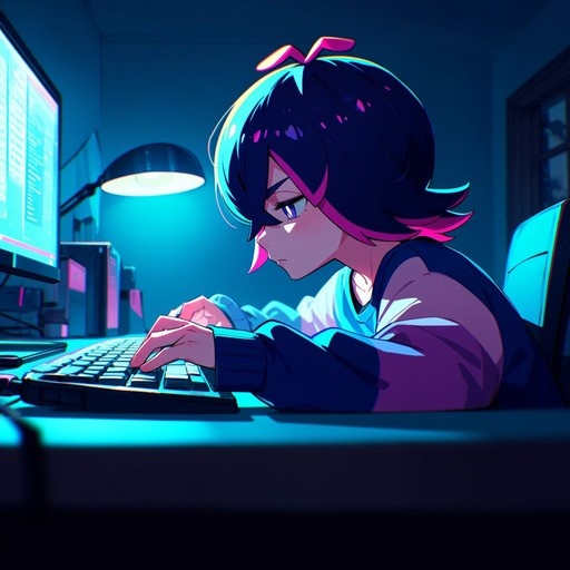 Anime style girl with dark blue and pink hair typing on a keyboard at a desk illuminated by monitor light.