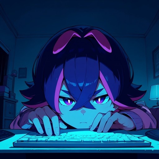 Anime girl with blue and pink hair leaning over a white keyboard in a dimly lit room
