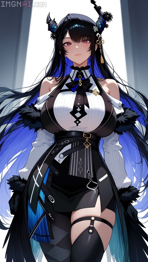 Anime-style portrait of Nerissa Ravencroft with long black and blue hair, red eyes, and asymmetrical horns, wearing a black and white outfit with fur trim.