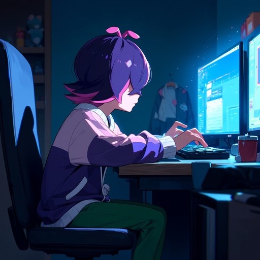 An anime-style girl with short purple and pink hair sits in a swivel chair at a desk, typing on a keyboard while looking at dual computer monitors illuminated by blue screen light.
