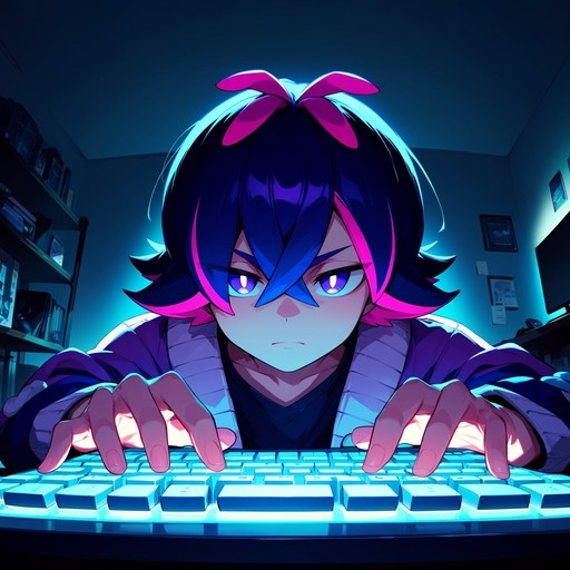 An anime-style boy with blue and pink hair and a bow leans over a glowing blue keyboard, staring intensely at the viewer in a dimly lit room.