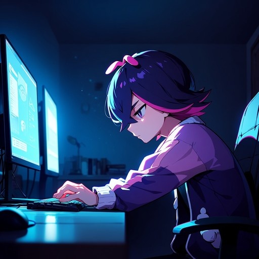 An anime-style illustration of a young woman with short purple and pink hair sitting at a desk in a dark room, typing on a keyboard while looking at a glowing blue computer monitor.