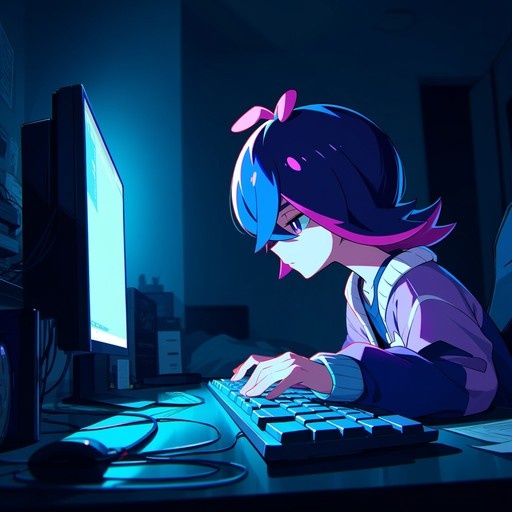 An anime-style girl with short blue and pink hair types on a keyboard at a desk illuminated by a bright computer monitor.