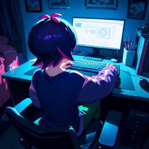 Back view of an anime girl with dark hair and pink highlights sitting at a desk and using a computer in a room lit by blue light.