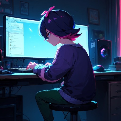 An anime-style boy with dark hair and pink highlights sits at a desk typing on a keyboard in front of a glowing monitor.
