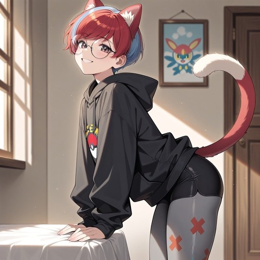 An anime-style illustration of Penny from Pokémon with cat ears and a tail, wearing glasses and a black hoodie.