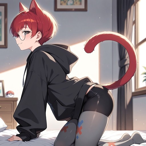 An anime-style illustration of a red-haired girl with cat ears and a tail wearing a black hoodie and grey stockings kneeling on a bed.