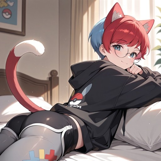 Anime character Penny from Pokemon with cat ears and tail lying on a bed in a black hoodie.