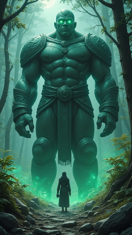 A towering green-skinned giant with glowing eyes and armor stands in a misty forest, looking down at a small hooded figure on a path below.