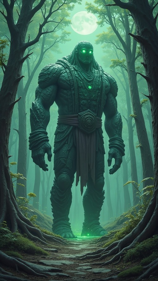 A tall, muscular green-skinned giant with glowing eyes stands on a path in a misty forest under a full moon.