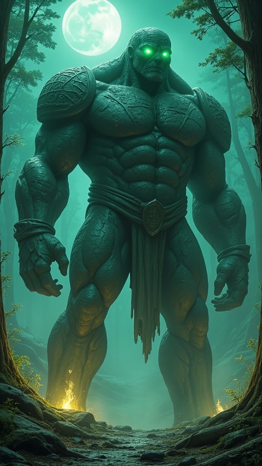 A massive green-skinned giant with glowing eyes stands in a foggy forest under a bright full moon, wearing shoulder armor and a loincloth.