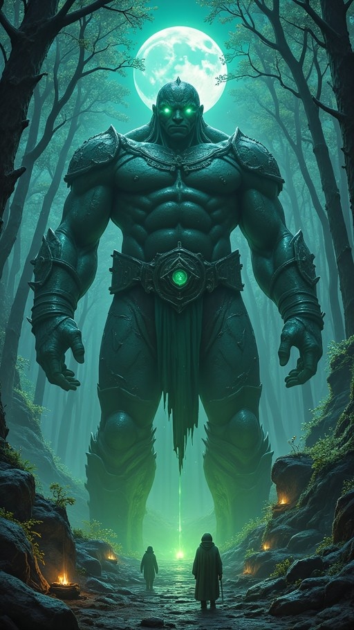 A massive green-skinned giant with glowing eyes and heavy armor stands in a dark forest under a full moon while two small cloaked travelers look up at him.