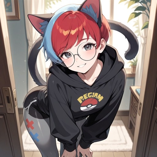 An anime girl with red and blue hair, cat ears, and a tail wearing glasses and a black hoodie.