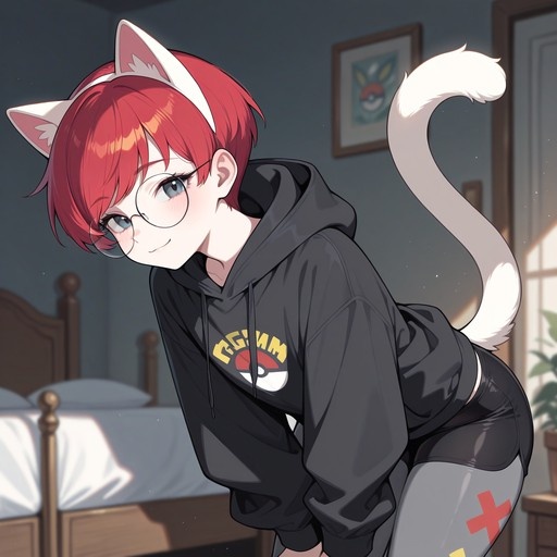 An anime-style illustration of Penny from Pokémon wearing round glasses, a black hoodie with a Poké Ball logo, and white cat ears and tail while leaning forward in a bedroom.