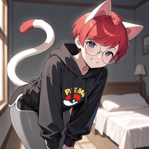 An anime-style illustration of Penny from Pokémon Scarlet and Violet. She has short red hair, cat ears, a long white and red tail, and wears round glasses. Dressed in a black hoodie with a Poké Ball logo and grey tights, she leans forward in a sunlit bedroom, smiling at the viewer.