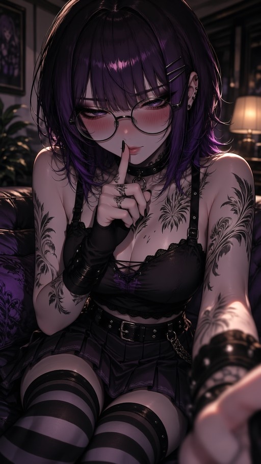 An anime-style girl with purple hair and round glasses sits indoors, holding a finger to her lips in a shushing gesture while wearing striped thigh-highs and displaying tattoos on her arms.