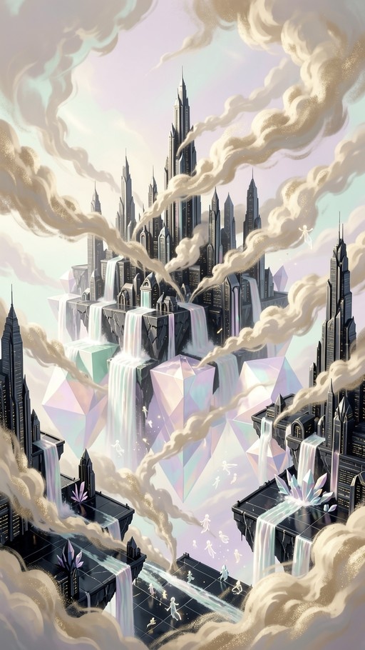 A vertical digital illustration of a surreal fantasy city floating in the clouds, featuring dark spires on geometric crystal platforms with waterfalls cascading down amidst swirling mist and glowing figures.