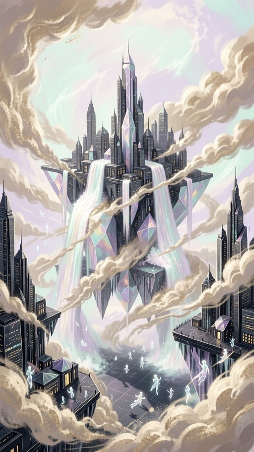 A surreal digital illustration of a floating fantasy cityscape featuring towering skyscrapers, iridescent crystal structures, cascading waterfalls, and ethereal glowing figures amidst swirling clouds.