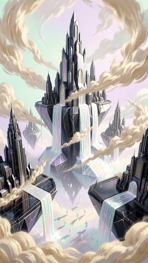 Digital illustration of a dark gothic castle on a floating rock with glowing waterfalls falling into a cloudy abyss, surrounded by smaller islands and tiny figures.