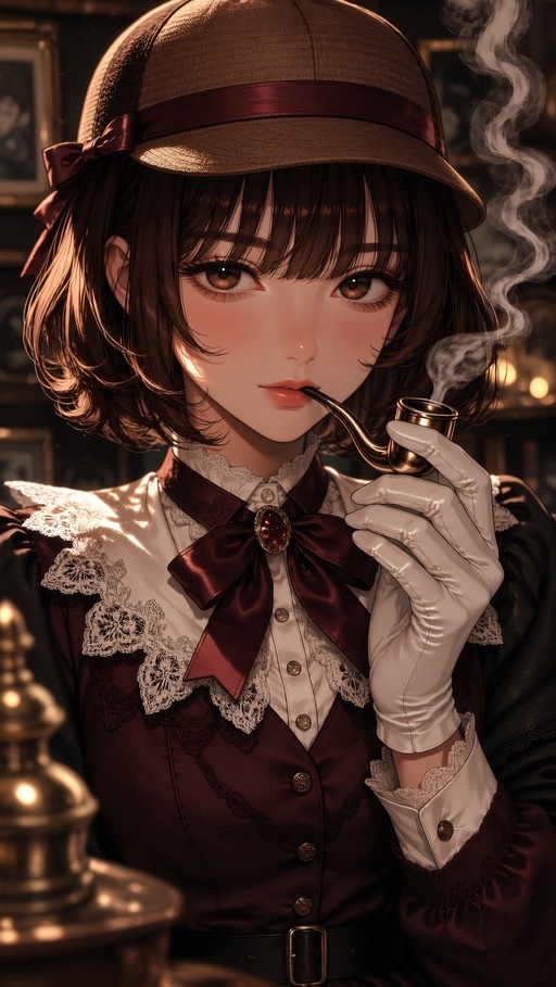 Anime-style Lady Sherlock Holmes in a deerstalker hat and burgundy dress holding a smoking pipe