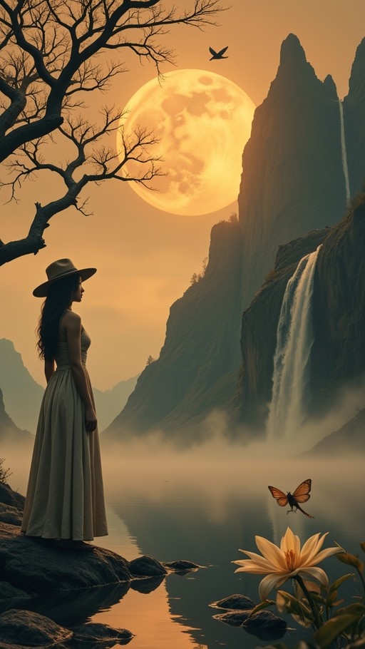 A woman in a hat and long dress stands by a lake watching a waterfall under a giant orange moon with a butterfly nearby.