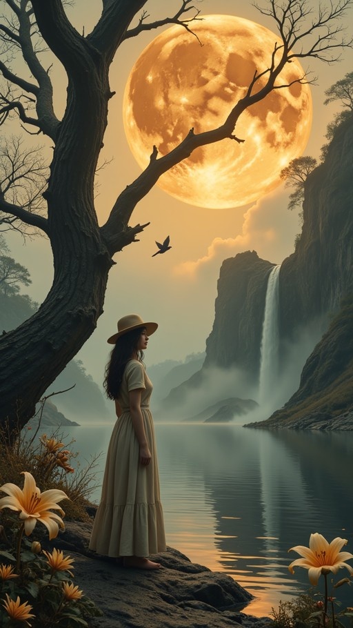 A woman wearing a beige hat and long dress stands barefoot on rocks near orange lilies, gazing toward a misty waterfall beneath a massive glowing orange moon.